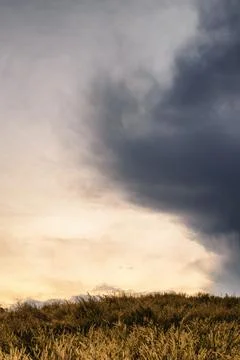 Meadows on the hills, cloudy clouds, light from the sun, evening Stock Photos