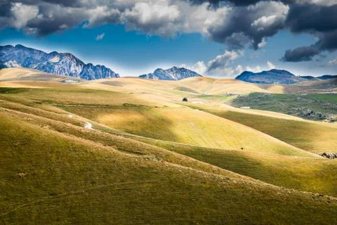 Meadows in the mountains create sinuous lines. Stock Photos