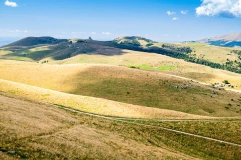 Meadows in the mountains create sinuous lines. Stock Photos