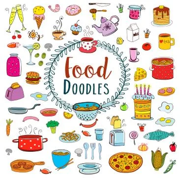 Meal and ware doodle set Stock Illustration