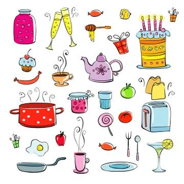 Meal and ware doodle set Stock Illustration
