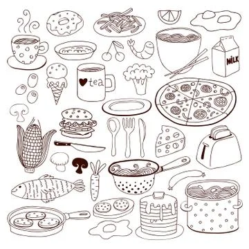Meal and ware doodle set Illustrazione stock