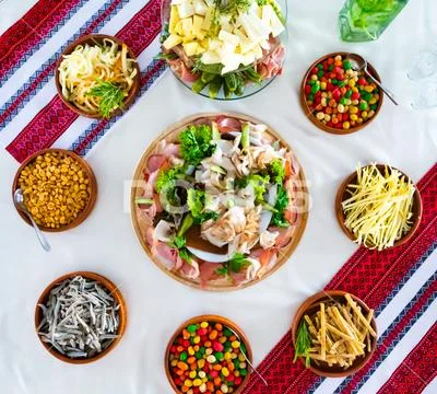 Meal at the banquet. good cuts of meat, cheese. the holiday table Stock Photos