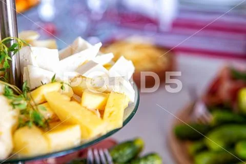Meal at the banquet. good cuts of meat, cheese. the holiday table Stock Photos