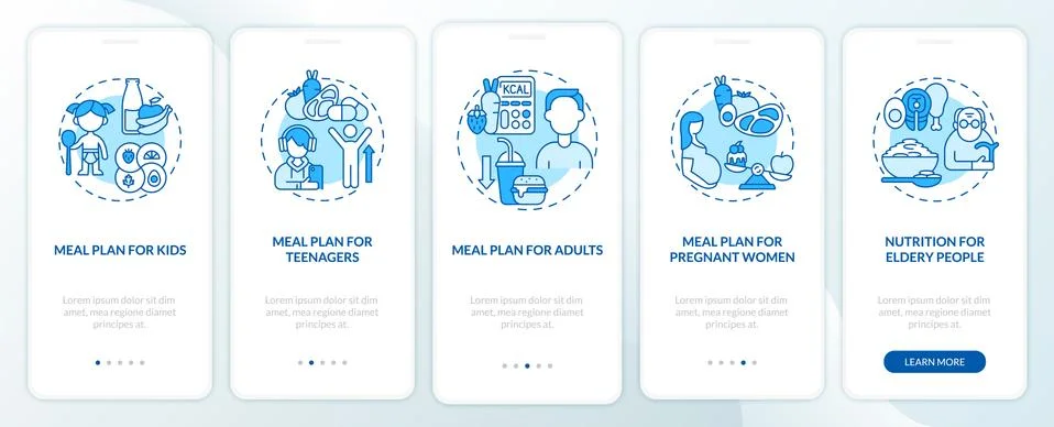 Meal plan for different age groups blue onboarding mobile app page screen Stock Illustration