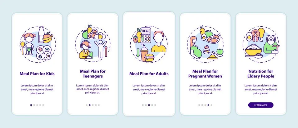 Meal plan for different age groups onboarding mobile app page screen Stock Illustration