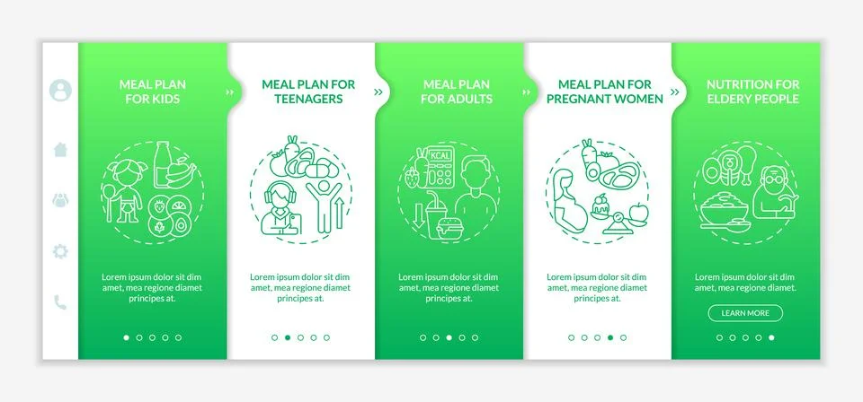 Meal plan for different age groups green onboarding vector template Stock Illustration