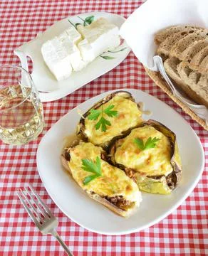 Meal with stuffed eggplants Stock Photos