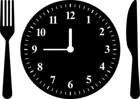 Meal Time Icon Set. Dining plate With Clock, Knife And Fork, Restaurant sign Stock Illustration