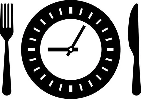 Meal Time Icon Set. Dining plate With Clock, Knife And Fork, Restaurant sign Stock Illustration