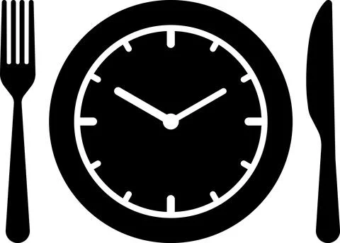 Meal Time Icon Set. Dining plate With Clock, Knife And Fork, Restaurant sign Stock Illustration