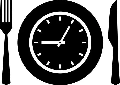 Meal Time Icon Set. Dining plate With Clock, Knife And Fork, Restaurant sign Stock Illustration