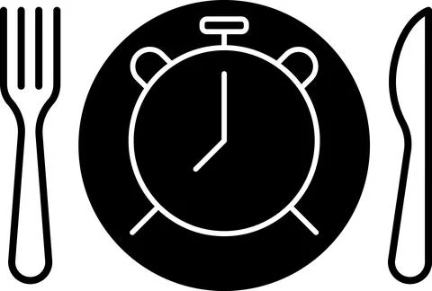 Meal Time Icon Set. Dining plate With Clock, Knife And Fork, Restaurant sign Stock Illustration