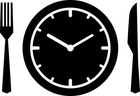 Meal Time Icon Set. Dining plate With Clock, Knife And Fork, Restaurant sign Stock Illustration