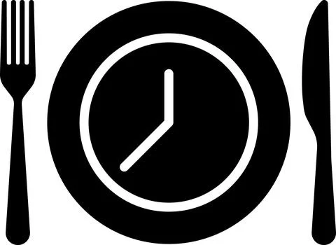 Meal Time Icon Set. Dining plate With Clock, Knife And Fork, Restaurant sign Stock Illustration