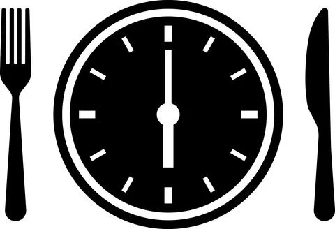 Meal Time Icon Set. Dining plate With Clock, Knife And Fork, Restaurant sign Stock Illustration