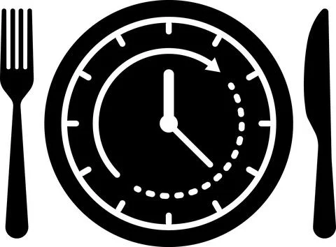 Meal Time Icon Set. Dining plate With Clock, Knife And Fork, Restaurant sign Stock Illustration