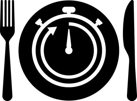 Meal Time Icon Set. Dining plate With Clock, Knife And Fork, Restaurant sign Stock Illustration