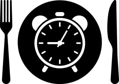 Meal Time Icon Set. Dining plate With Clock, Knife And Fork, Restaurant sign Stock Illustration