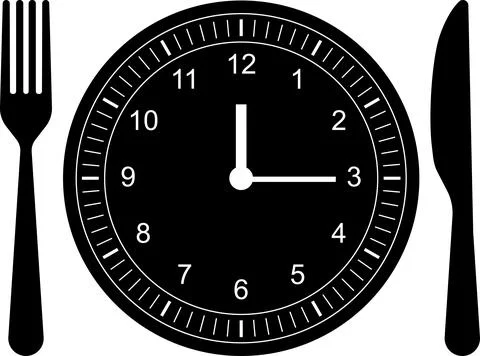 Meal Time Icon Set. Dining plate With Clock, Knife And Fork, Restaurant sign Stock Illustration