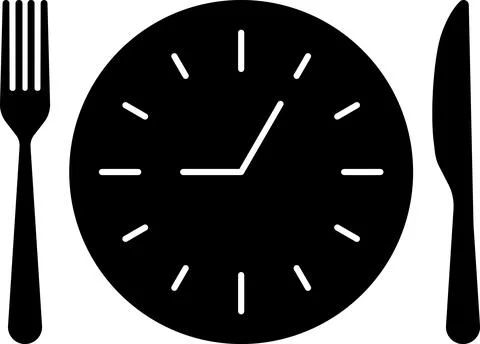 Meal Time Icon Set. Dining plate With Clock, Knife And Fork, Restaurant sign Stock Illustration