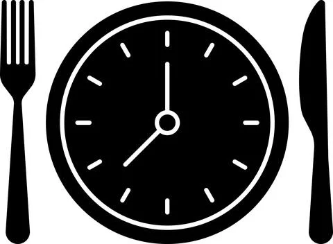 Meal Time Icon Set. Dining plate With Clock, Knife And Fork, Restaurant sign Stock Illustration