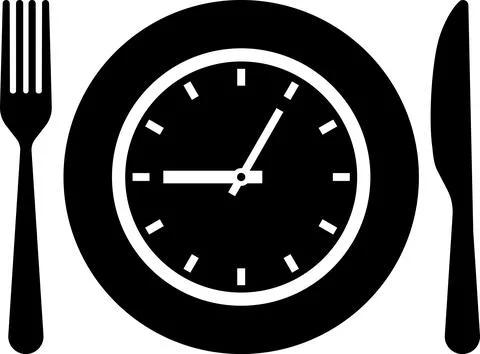 Meal Time Icon Set. Dining plate With Clock, Knife And Fork, Restaurant sign Stock Illustration