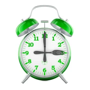 Meal time or intermittent fasting, concept. Alarm clock with fork and knife.. Stock Illustration