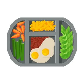 Meal Tray Filled with Fried Egg, French Fries and Vegetables, Healthy Food For Stock-Illustration