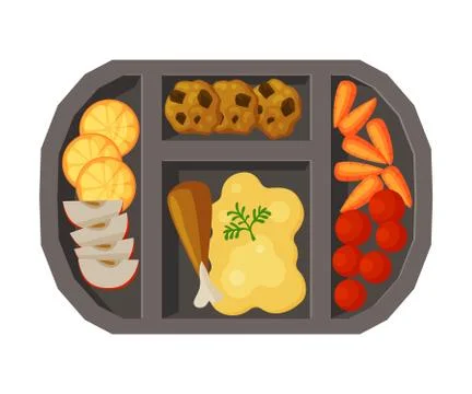 Meal Tray Filled with Mashed Potato, Chicken Drumstick and Vegetables, Healthy Stock Illustration