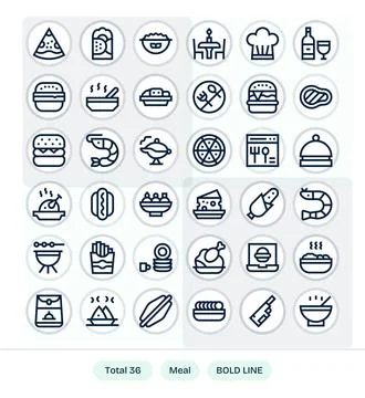 Meal Vector Graphics featuring 36 Bold Line Pixel Aligned High Resolution D.. Stock Illustration