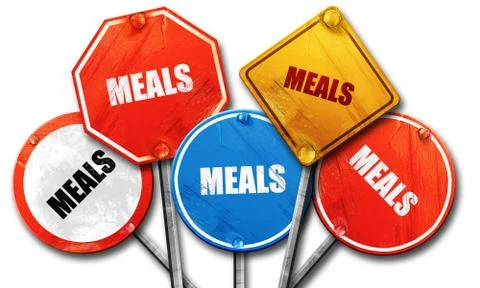 Meals, 3D rendering, rough street sign collection Stock Illustration