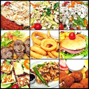 Meals consisting of various and different fast food products, Food collage, v Foto stock
