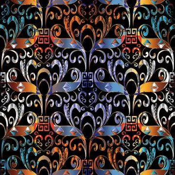 Meander floral seamless pattern. Vector colorful 3d background イラスト素材