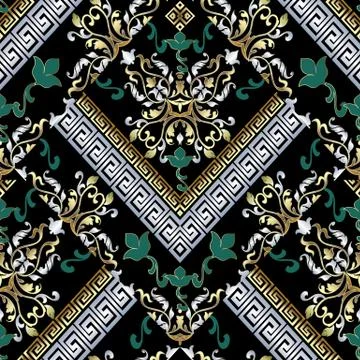 Meander greek key seamless pattern. Vector black floral background. Baroque w Stock Illustration