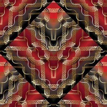 Meander greek key vector seamless pattern. Black red gold geometric abstract Stock Illustration