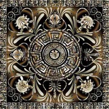 Meander mandala pattern. Square greek key frame. Floral ornaments. Geometric  Stock Illustration