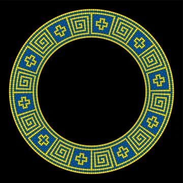 Meander mosaic pattern, circle shaped frame in yellow and blue イラスト素材