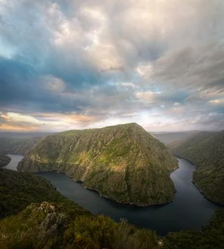 Meander of the Sil river between granite cliffs Stock Photos