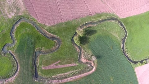 Meandering river winds through patchwork farmland - Floodplain River and Fields Stock Footage 339575252