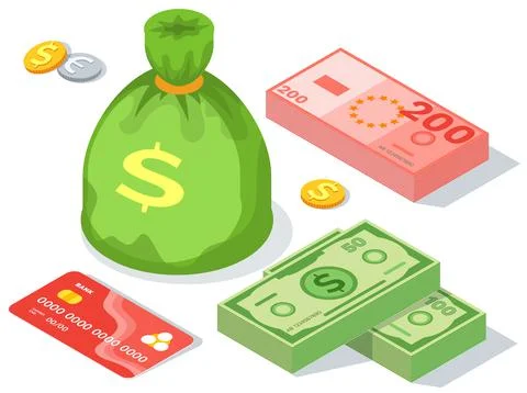 Means of payment various elements. Concept of big money. Big pile of cash Ilustración de archivo