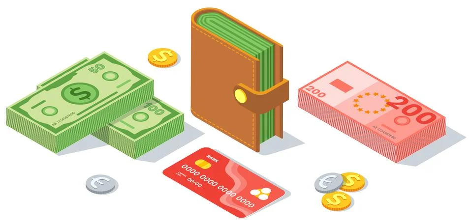Means of payment various elements. Concept of big money. Big pile of cash Ilustración de archivo