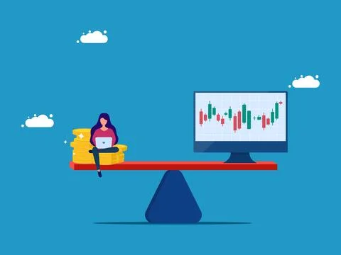 Measure or evaluate the value of a stock. woman with money and stocks on the  Illustrazione stock