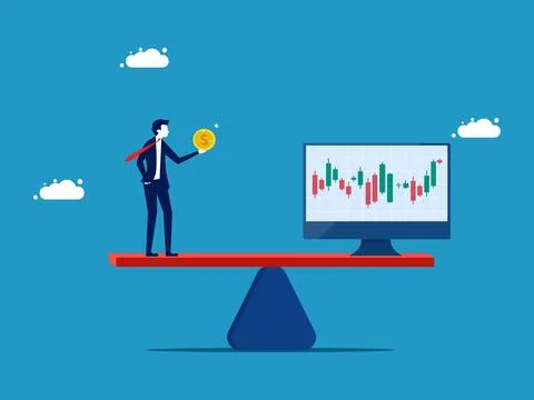 Measure or evaluate the value of a stock. Businessman with money and stocks o Illustrazione stock