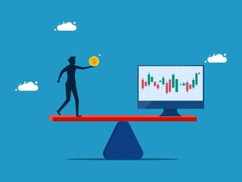 Measure or evaluate the value of a stock. man with money and stocks on the sc Illustrazione stock
