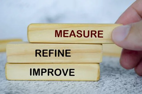 Measure, Refine and Improve text on wooden blocks. Continuous Improvement c.. Stock Photos