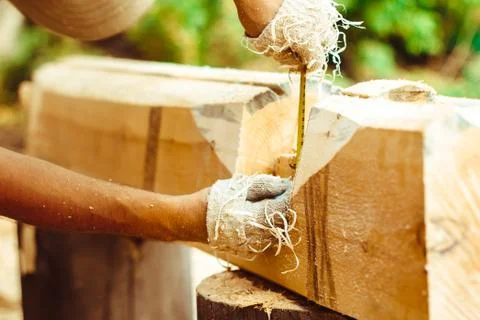 Measure tape on a log Stock Photos