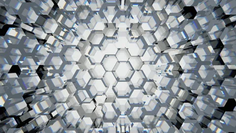 The measured pulsation of light neon hexagons on a dark background. Video stock 124600992