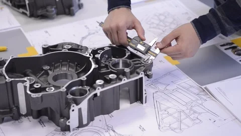 Measurement of a motorcycle engine with precision gauge Stock-Footage 87147487