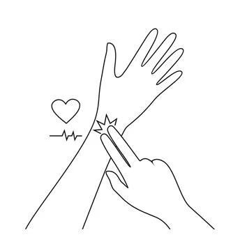 Measurement of the pulse. Two hands, heart and cardiogram in linear style Stock Illustration